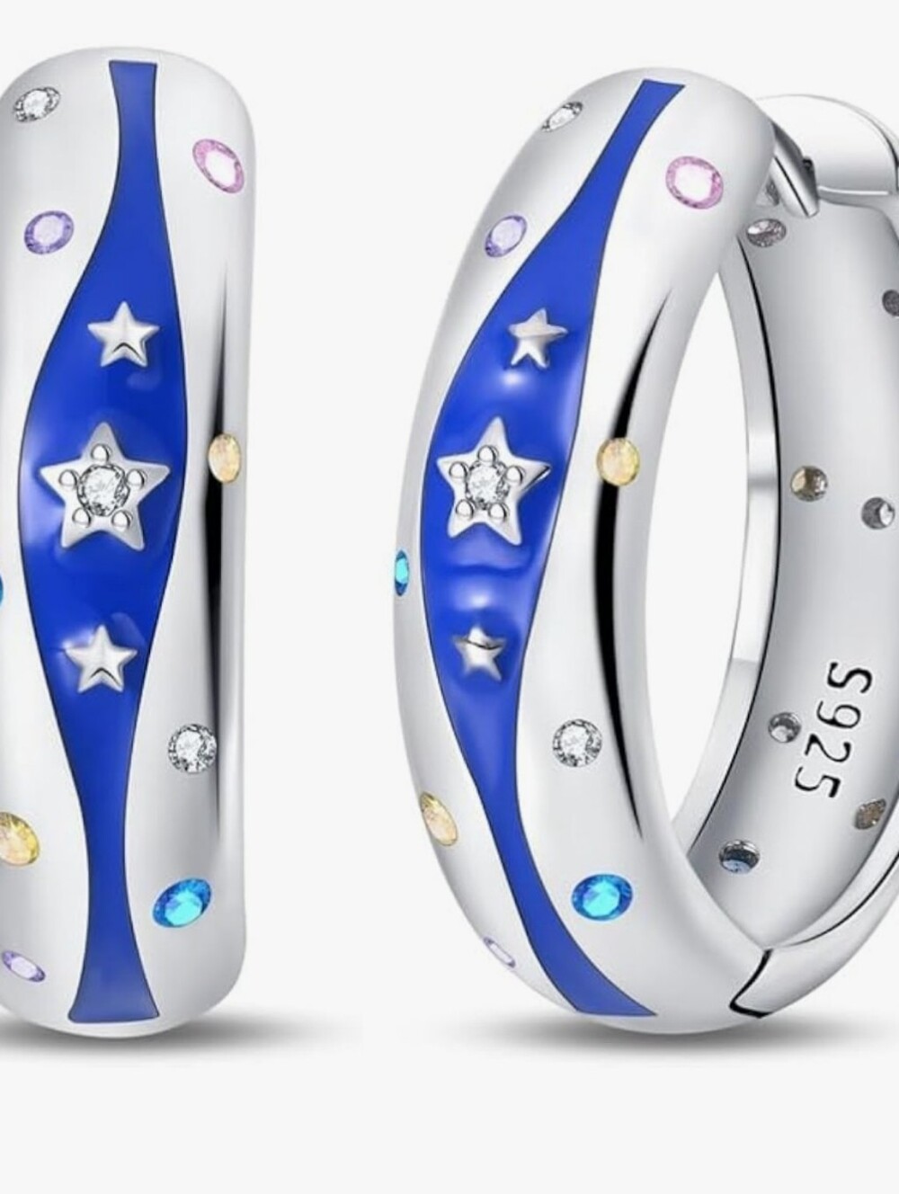 Sterling Silver Blue Enamel Star Hoop Earrings with Multicolor Accents